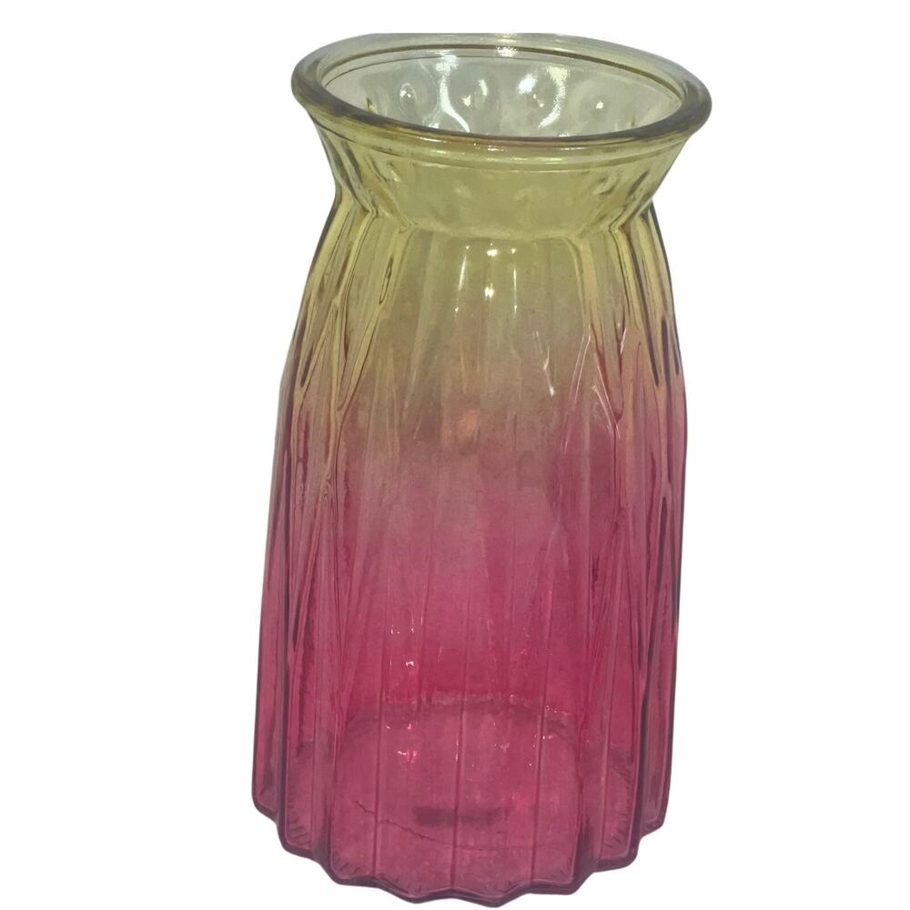 Ombre Yellow & Pink Gradient Glass Vase Ribbed Fluted Panel Design 7.5" tall.